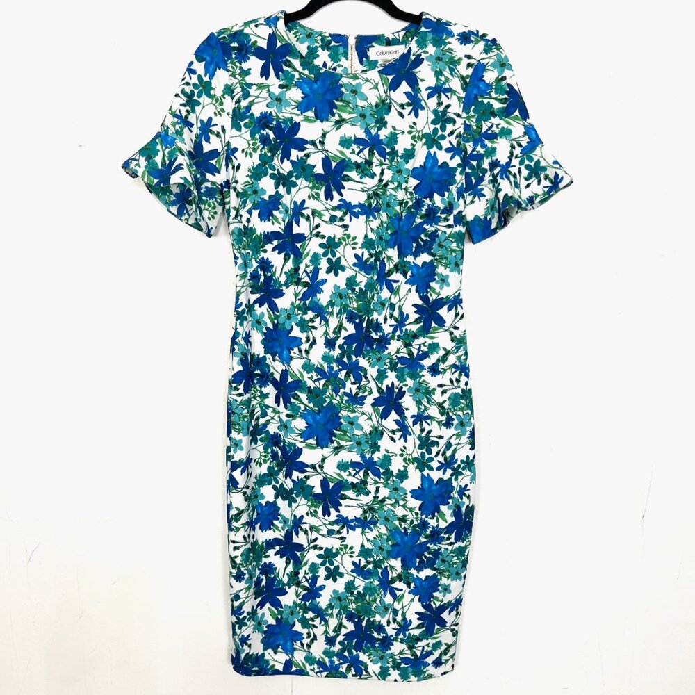 Calvin Klein Blue Green‎ Floral Sheath Dress Ruffle Short Sleeve 4 Small mc